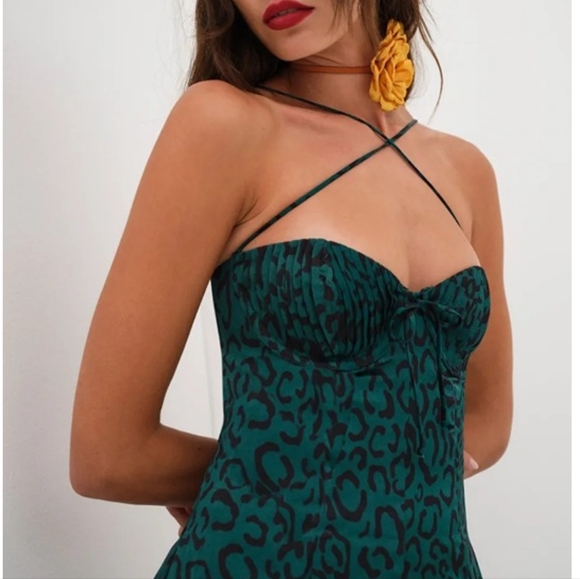 For Love And Lemons Green Wendy Strappy Green Leopard Print Mini Dress Large NWT - Picture 2 of 13
